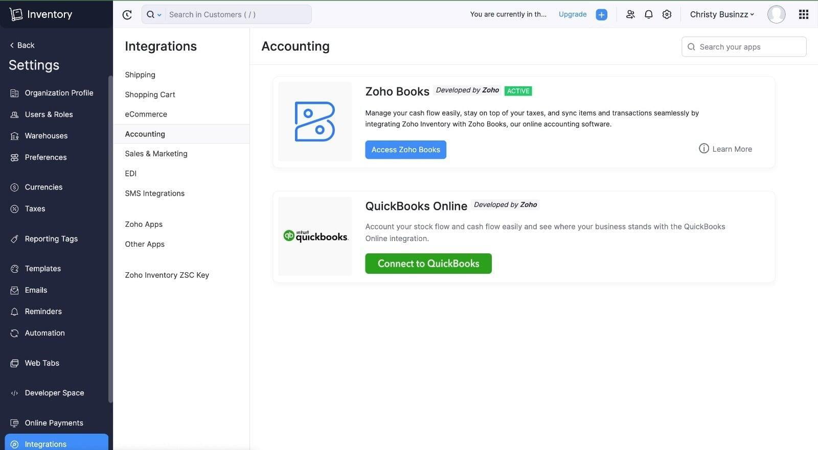 Zoho Inventory Integration, Zoho Books, QuickBooks