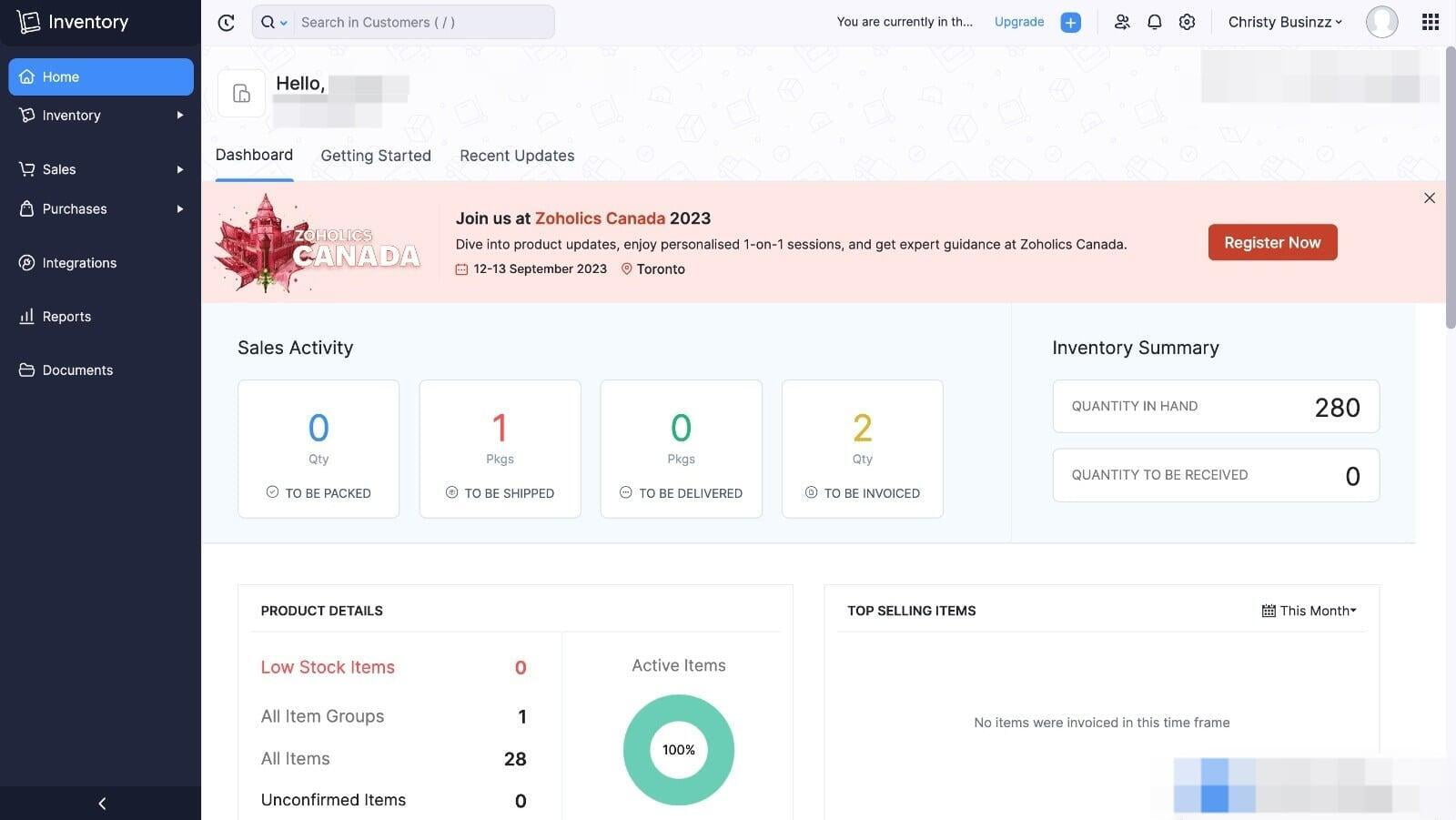 Zoho Inventory DashBoard